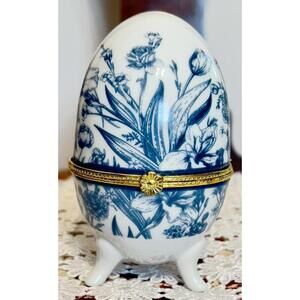Egg-Shaped Trinket Box Footed Blue-White Floral w/ Gold Trim Vintage Porcelain